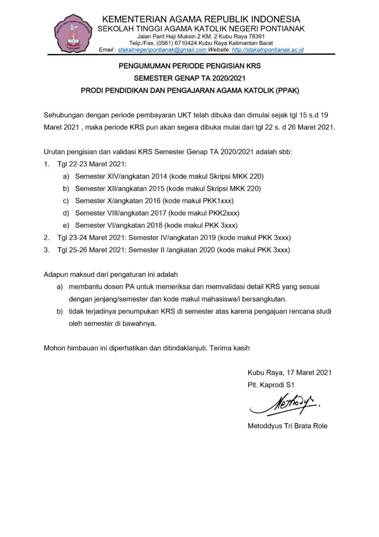 Pengumuman Periode Pengisian KRS Semester Genap TA 2020/2021 Prodi Pendidikan dan Pengajaran Agama Katolik (PPAK)